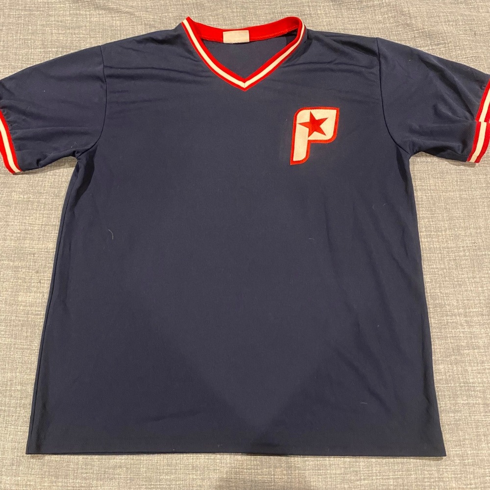Vintage Teamwork Athletic Apparel Navy P Star Jersey V Neck Red White Trim Men L